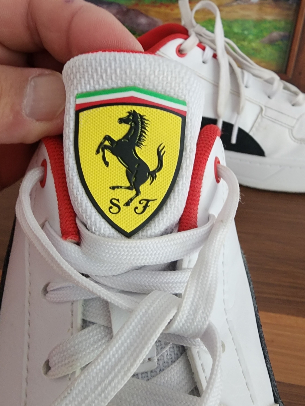 Ferrari Kids White Sneakers with Red Accents and Yellow Shield
